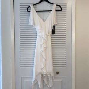 BCBG white ruffle dress. BRAND NEW. NEVER WORN.